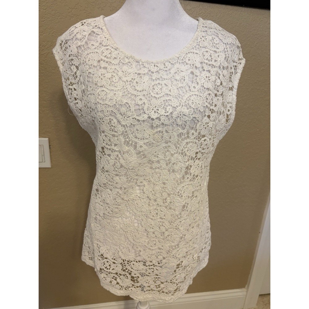 Limited Women's White Crochet Lace Front‎ Tee, Medium, Bohemian